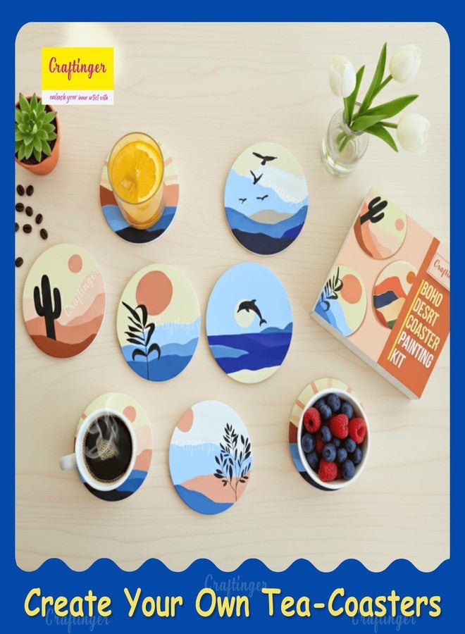 Craftinger مجموعة كرافتينجر لرسم قواعد أكواب بوهو الصحراوية للأطفال | مجموعة فنية وحرفية يدوية مع 6 قواعد أكواب مُحددة مسبقًا، و8 ألوان أكريليك، وفرش، وصينية ألوان، وورنيش لامع | صندوق هدايا إبداعي للرسم للأولاد والبنات، للمنزل، والمكتب، والأنشطة، وتلوين أكواب الشاي، وطاولات أعياد الميلاد، والمطبخ - Image 3